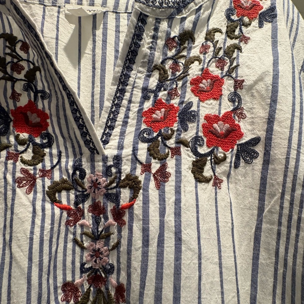 Boho Striped Blue & White Embroidered V-Neck Women's Tunic Plus Size 1X - Picture 5 of 8